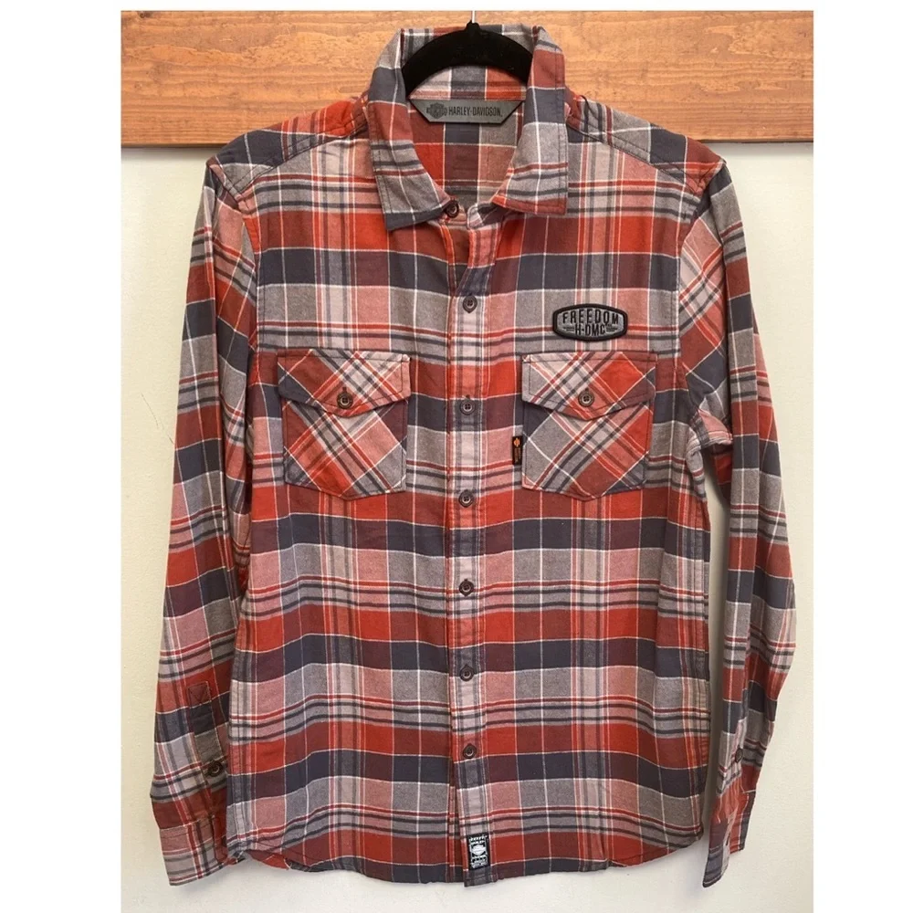 HARLEY-DAVIDSON Men’s Garage Collection Orange Plaid Slim Fit Shirt S - Picture 4 of 13